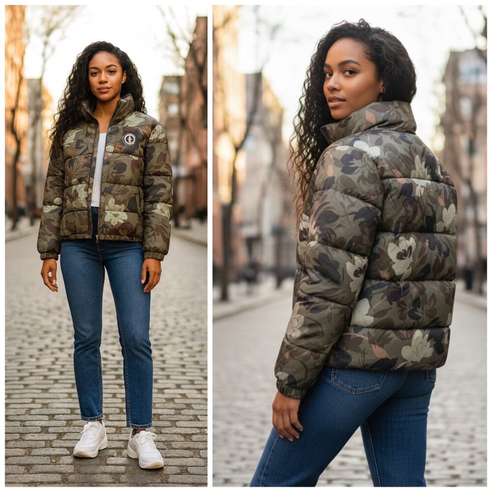 Skechers Camouflage Floral Print Puffer Jacket Full Zip Winter Warm Women's SM